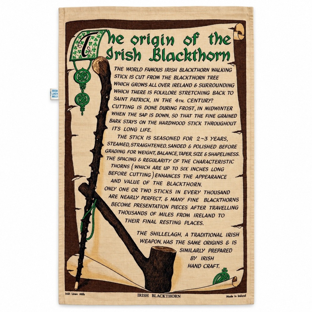 Irish Linen Mills Tea Towel Irish Blackthorn Shillelagh Folklore Vintage